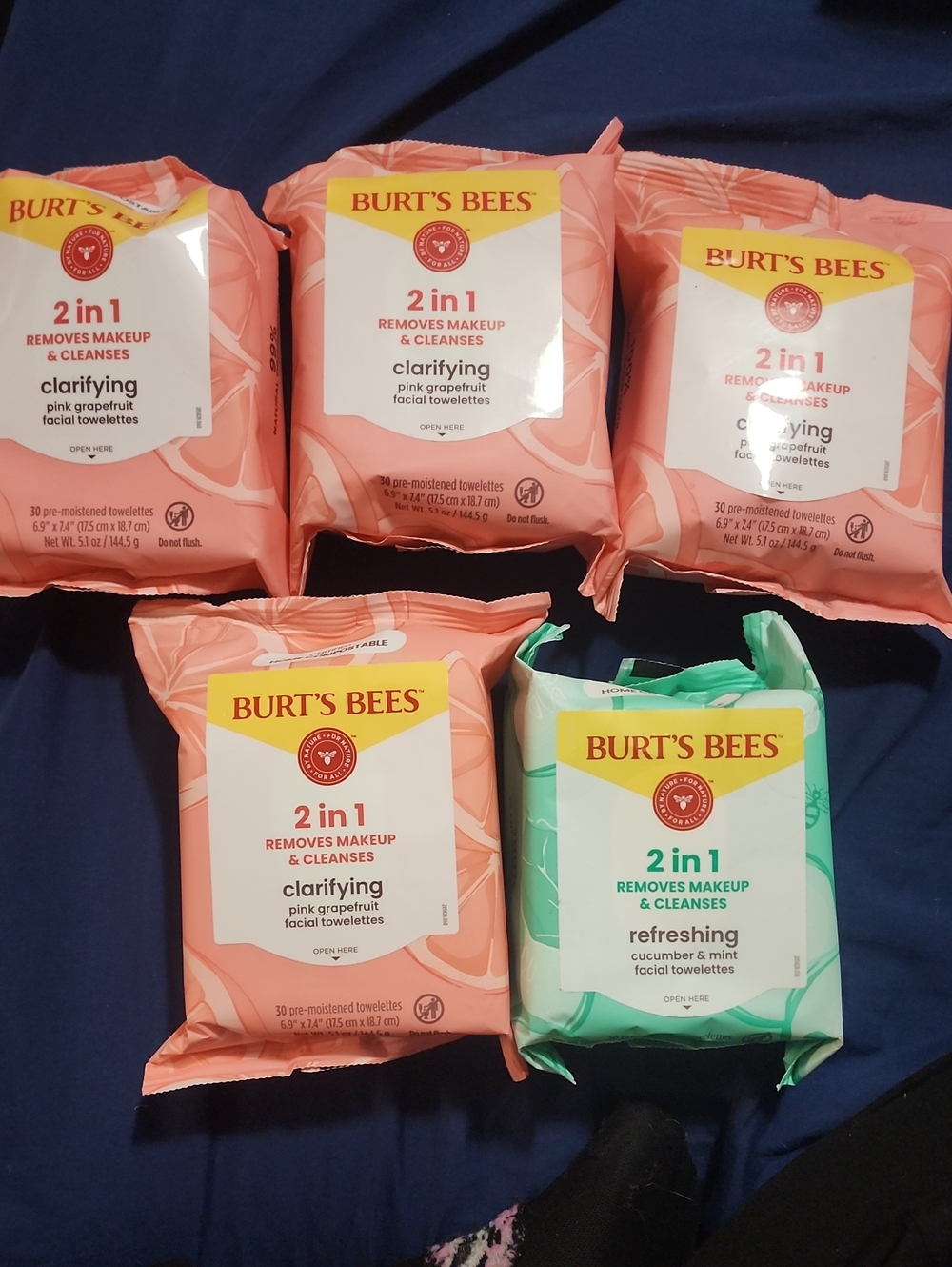 5 bulk Burt's Bees 2-in-1 Clarifying Pink Grapefruit Facial Towelettes - Pink